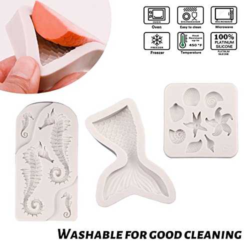 SAKOLLA Mermaid Theme Cake Fondant Mold - Seahorse Seashell Starfish Mermaid Tail Silicone Mold for Cake Decoration, Chocolate, Candy, Polymer Clay, Cupcake Decor, Sugar Craft - Image 2