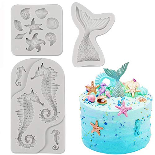 SAKOLLA Mermaid Theme Cake Fondant Mold - Seahorse Seashell Starfish Mermaid Tail Silicone Mold for Cake Decoration, Chocolate, Candy, Polymer Clay, Cupcake Decor, Sugar Craft - Image 1