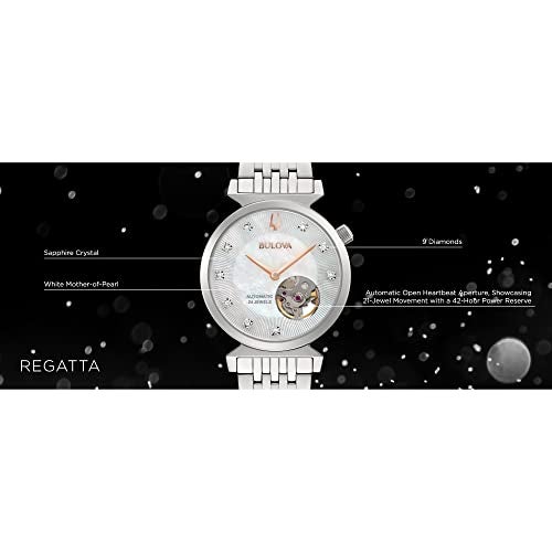 Bulova ساعة بولوفا النسائية ريجاتا الأوتوماتيكية المصنوعة من الفولاذ المقاوم للصدأ مع فتحات، قرص من أم اللؤلؤ، الطراز: 96P222 - Image 2
