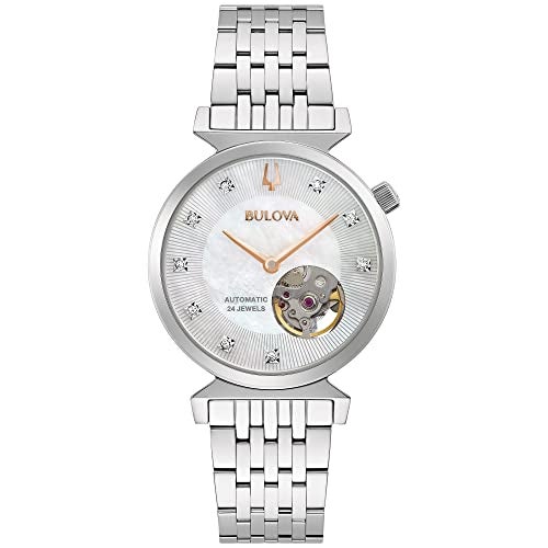 Bulova ساعة بولوفا النسائية ريجاتا الأوتوماتيكية المصنوعة من الفولاذ المقاوم للصدأ مع فتحات، قرص من أم اللؤلؤ، الطراز: 96P222 - Image 1
