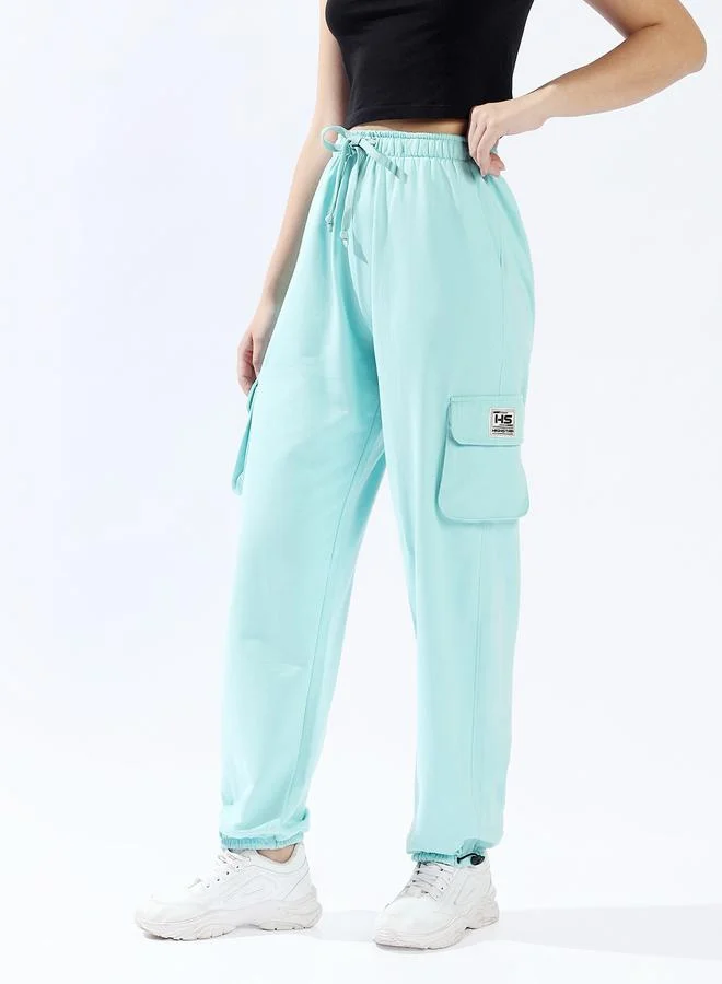 HIGH STAR Women's Blue 100% Cotton Solid Pattern Full Length Casual Jogger Track Pant
