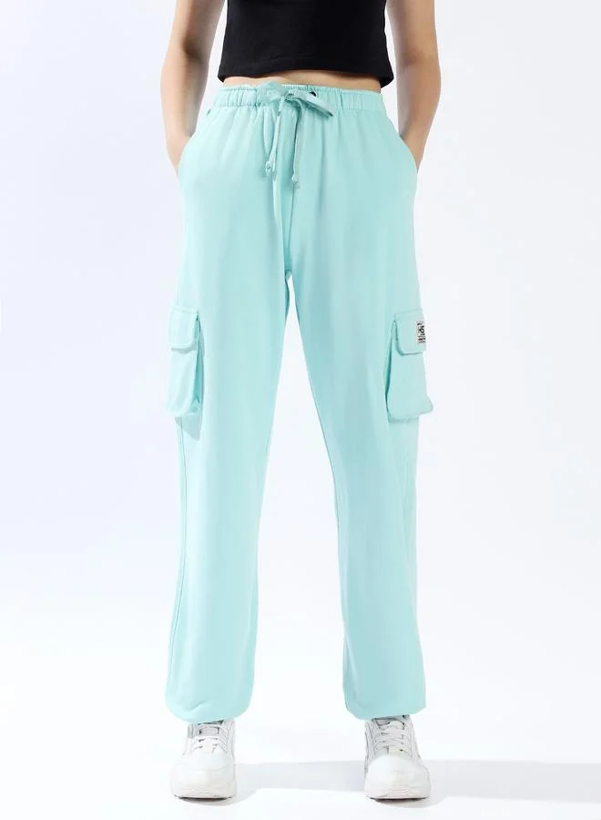 HIGH STAR Women's Blue 100% Cotton Solid Pattern Full Length Casual Jogger Track Pant
