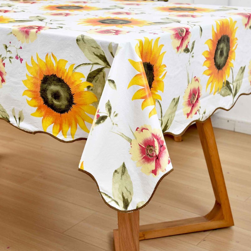Small Sunflower Vinyl Tablecloth 47 x 60 Inch Waterproof Rectangle Table Cover with Flannel Backing Plastic Floral Tablecloth for Kitchen Patio or Camping