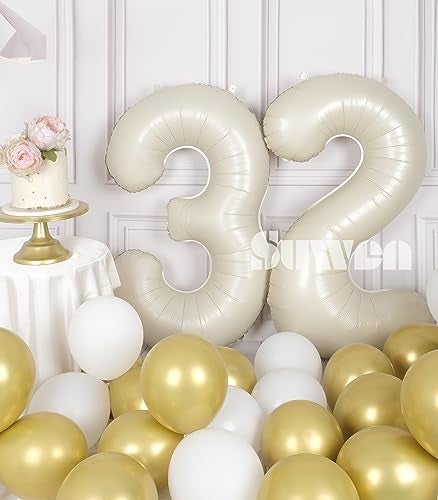 SUWEN 40 Inch Large Cream White 32 Balloon Numbers Big Foil Helium Number Balloons 09 Jumbo Happy 32nd Mylar Birthday Party Decorations for Women or men 23 Anniversary Party Supplies - Image 5