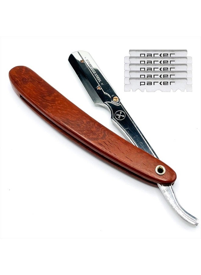 Parker Safety Razor Parker SRRW, Rosewood Wood Handle Straight Edge Barber Razor with Stainless Steel Blade Arm for Professionals, 5 Blades Included - Image 1