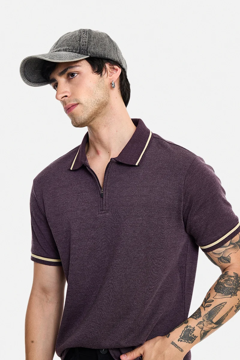 SNITCH Wine Textured Half Sleeve Regular Fit Casual T-Shirt