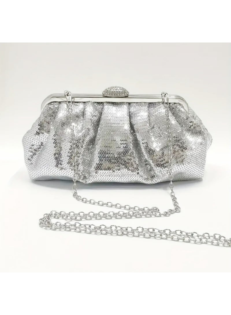 Women's Evening Bag Solid Color Fish Scale Sequins Pleated Clutch Bag Sparkly Handbag Shoulder Bag with Removable Chain, Crossbody Bag for Formal Dress Bride Wedding Prom Party - Image 2