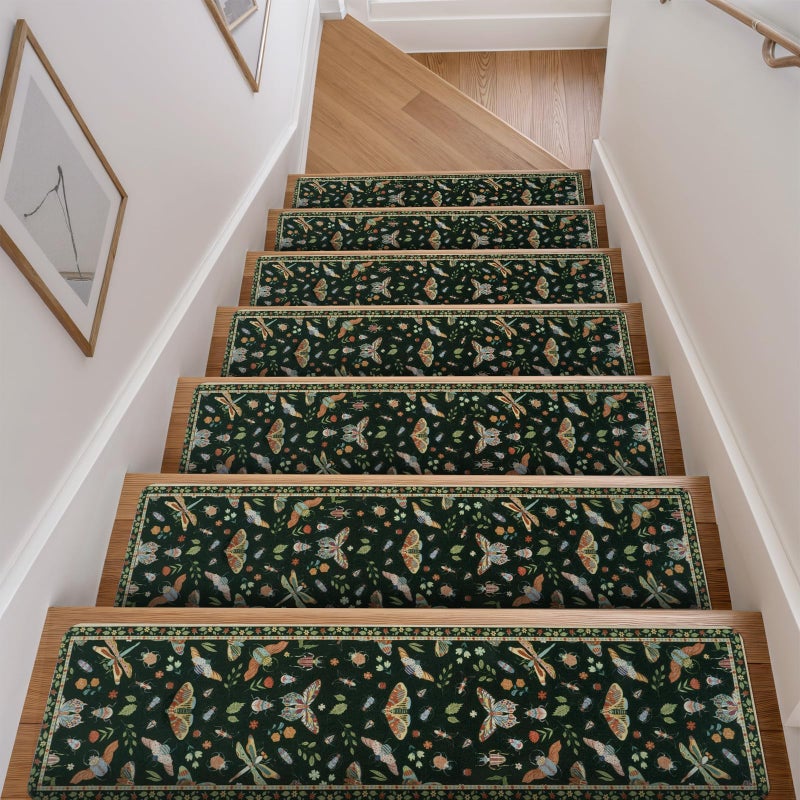 OJIA Insect Print Stair Treads Non Slip Stair Runners for Wooden Steps Indoor, 15PCS 8"x30" Rubber Backing Carpet Treads for Wood Stairs Staircase Step Treads for Kids & Dogs, Stair Covers, Black - Image 1