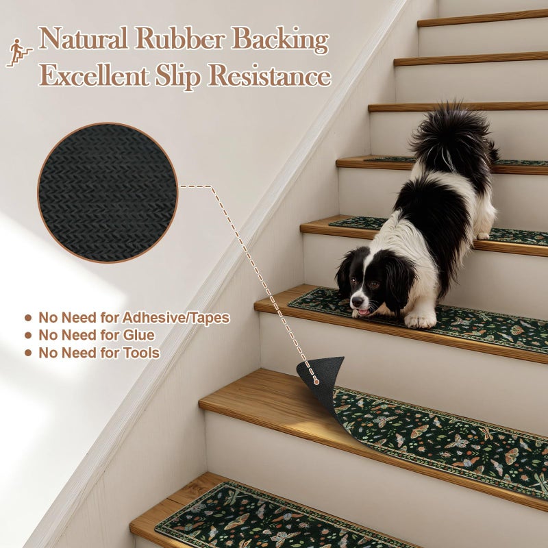 OJIA Insect Print Stair Treads Non Slip Stair Runners for Wooden Steps Indoor, 15PCS 8"x30" Rubber Backing Carpet Treads for Wood Stairs Staircase Step Treads for Kids & Dogs, Stair Covers, Black - Image 2