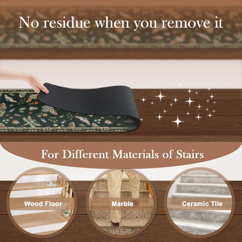 OJIA Insect Print Stair Treads Non Slip Stair Runners for Wooden Steps Indoor, 15PCS 8"x30" Rubber Backing Carpet Treads for Wood Stairs Staircase Step Treads for Kids & Dogs, Stair Covers, Black - Image 3