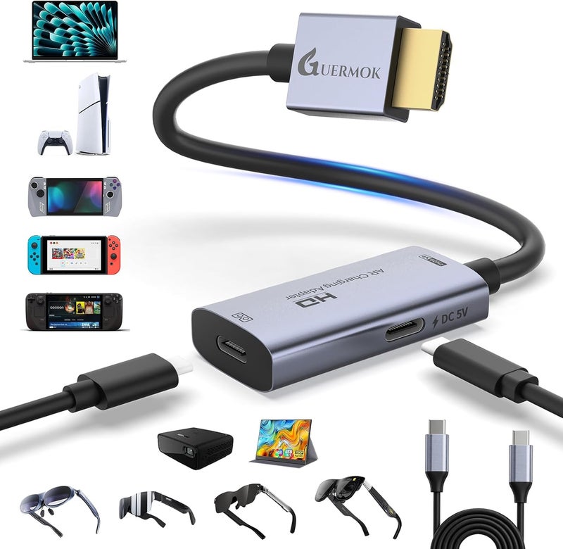 Guermok AR Glasses HDMI to USB-C Display Adapter, 4.9ft 4K@60Hz Play and Charge XR Converter with DC 5V, for XREAL One/Air 2 Pro/RayNeo/Rokid, Steam, Switch 2/1, PS5/4, Portable Monitors, Silver - Image 1