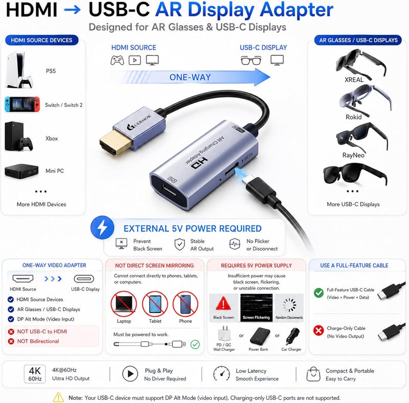 Guermok AR Glasses HDMI to USB-C Display Adapter, 4.9ft 4K@60Hz Play and Charge XR Converter with DC 5V, for XREAL One/Air 2 Pro/RayNeo/Rokid, Steam, Switch 2/1, PS5/4, Portable Monitors, Silver - Image 2