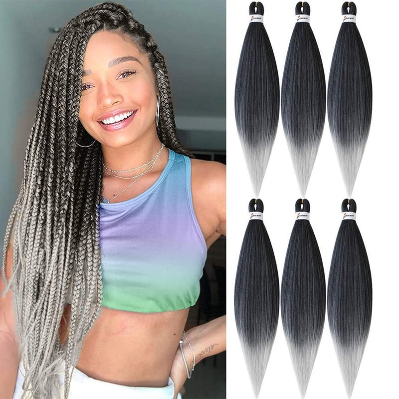 6 PacksLot Prestretched Braiding Hair Ombre Braid Hair 26 Inch Braiding Hair Pre stretched Hot Water Setting Synthetic Braiding Hair Extensions Black to Silver Grey 100gPack