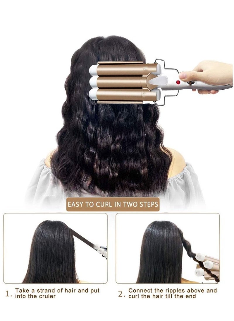 Generic Three Barrel Hair Waver 25MM Big Wave Hair Curling Iron Wand with Two Speed Temperature Control, Ceramic Tourmaline Triple Barrels, Dual Voltage Crimp, Gold  - Image 2