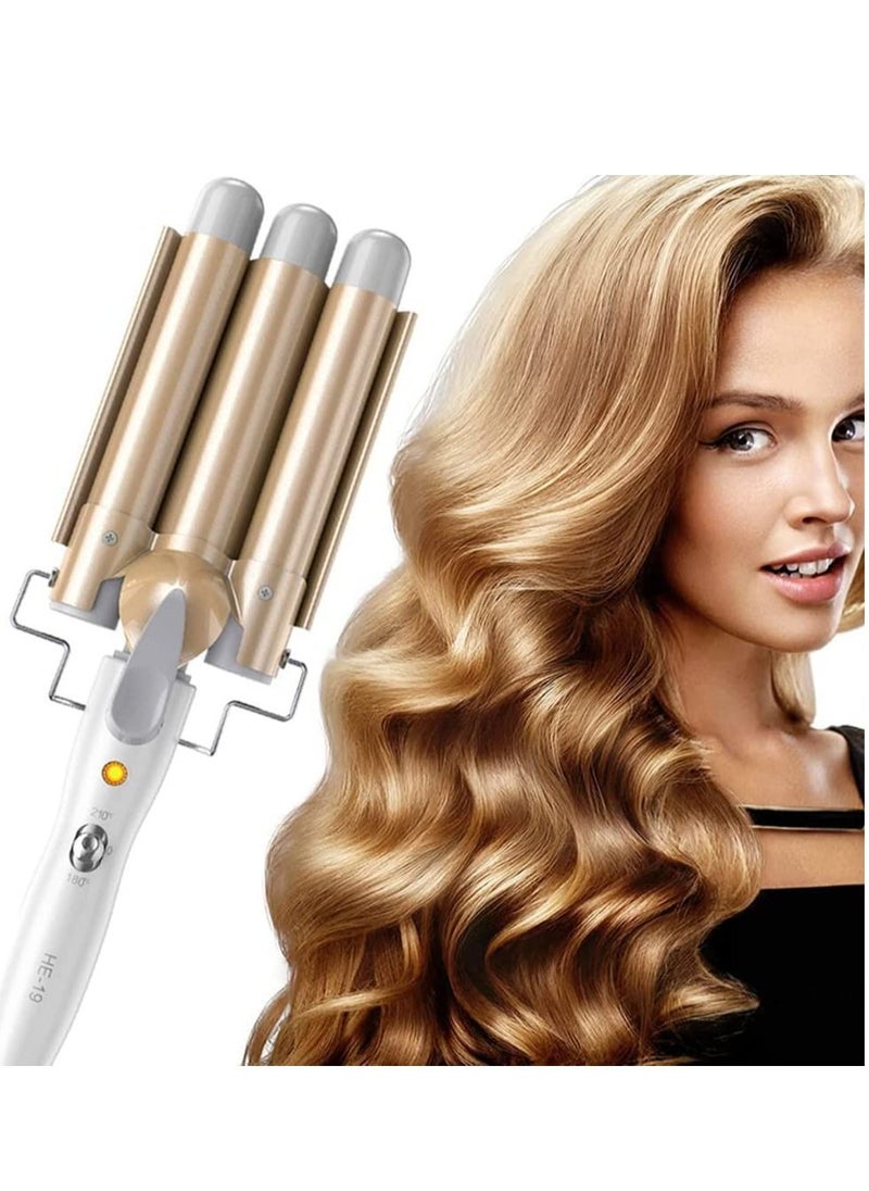 Generic Three Barrel Hair Waver 25MM Big Wave Hair Curling Iron Wand with Two Speed Temperature Control, Ceramic Tourmaline Triple Barrels, Dual Voltage Crimp, Gold  - Image 1