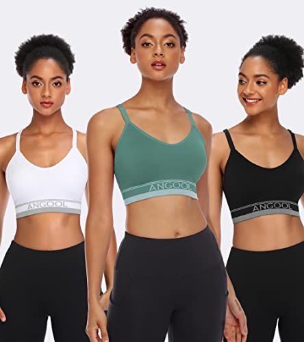 ANGOOL Strappy Sports Bra for Women, Longline Medium Support Yoga Bra Wirefree Padded Sports Bra with Adjustable Straps Green 3Pack - Image 2