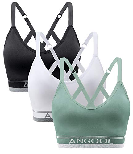 ANGOOL Strappy Sports Bra for Women, Longline Medium Support Yoga Bra Wirefree Padded Sports Bra with Adjustable Straps Green 3Pack - Image 1