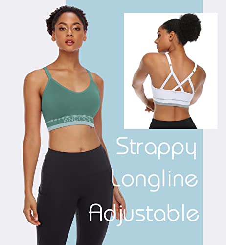 ANGOOL Strappy Sports Bra for Women, Longline Medium Support Yoga Bra Wirefree Padded Sports Bra with Adjustable Straps Green 3Pack - Image 3