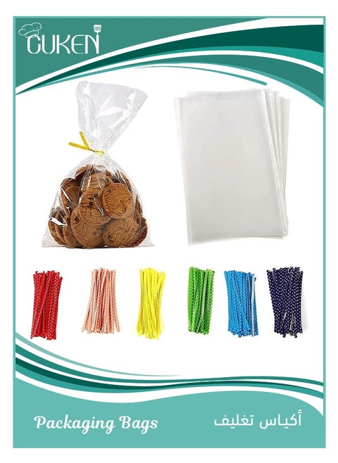 100 Pieces Clear Plastic Bags with 6 Colored Twist Ties, Cookies Bag, Candy Bag for Party Gifts Favors, 6in, 8in