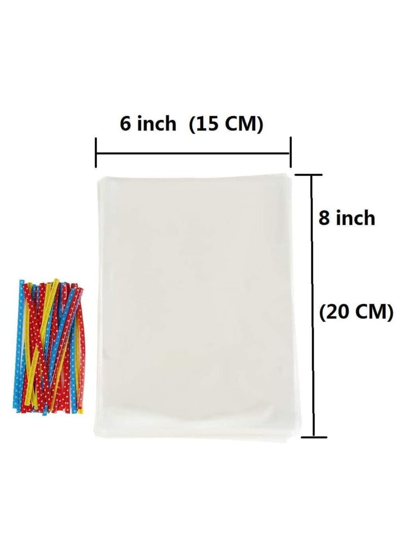 Cuken 100 Pieces Clear Plastic Bags with 6 Colored Twist Ties, Cookies Bag, Candy Bag for Party Gifts Favors, 6in, 8in  - Image 2