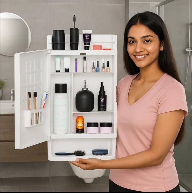 Well Set Bathroom Mirror Cabinet with Storage | Wall Mounted Plastic Organizer Shelf for Toiletries & Accessories | Durable White Mirror Cabinet for Bathroom - Image 1