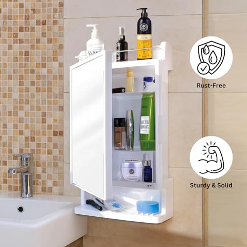 Well Set Bathroom Mirror Cabinet with Storage | Wall Mounted Plastic Organizer Shelf for Toiletries & Accessories | Durable White Mirror Cabinet for Bathroom - Image 5