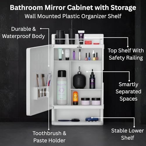 Well Set Bathroom Mirror Cabinet with Storage | Wall Mounted Plastic Organizer Shelf for Toiletries & Accessories | Durable White Mirror Cabinet for Bathroom - Image 3
