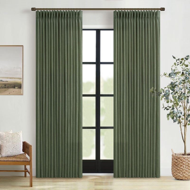 TWODRAPES Pinch Pleated Olive Green Linen Curtains 84 Inches Long 2 Panels Set for Living Room Bedroom Dining Pinch Pleat Back Tab Light Filtering Farmhouse Boho Dark Green Loden Window Curtain Drapes W50xL84 - Image 1