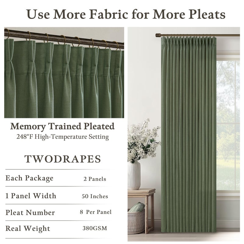 TWODRAPES Pinch Pleated Olive Green Linen Curtains 84 Inches Long 2 Panels Set for Living Room Bedroom Dining Pinch Pleat Back Tab Light Filtering Farmhouse Boho Dark Green Loden Window Curtain Drapes W50xL84 - Image 4