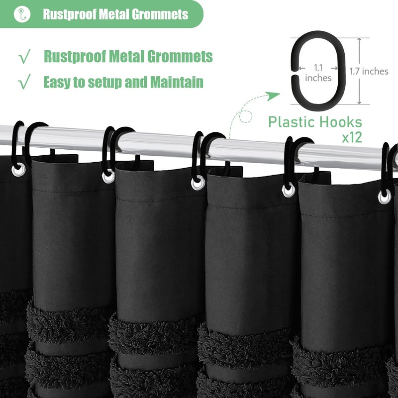 Dynamene 78 Inch Long Shower Curtain  Textured Tufted Chenille Striped Tall Fabric Shower Curtain for Bathroom  Large Hotel Spa Luxury Waterproof Cloth Shower Curtain Set with Hook  Black  72x78 - Image 4