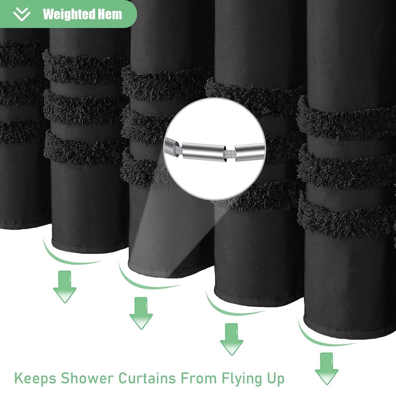Dynamene 78 Inch Long Shower Curtain  Textured Tufted Chenille Striped Tall Fabric Shower Curtain for Bathroom  Large Hotel Spa Luxury Waterproof Cloth Shower Curtain Set with Hook  Black  72x78 - Image 3