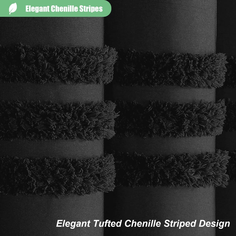 Dynamene 78 Inch Long Shower Curtain  Textured Tufted Chenille Striped Tall Fabric Shower Curtain for Bathroom  Large Hotel Spa Luxury Waterproof Cloth Shower Curtain Set with Hook  Black  72x78 - Image 1