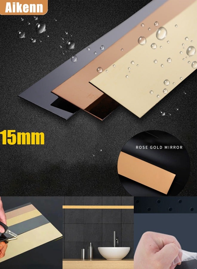 Aikenn 15mm rose gold wall decorative strips stainless steel peel and stick mirror decorative strips self-adhesive metal decorative strips mirror metallized mirror finish suitable for wall mirror frame border decorative strips  - Image 1