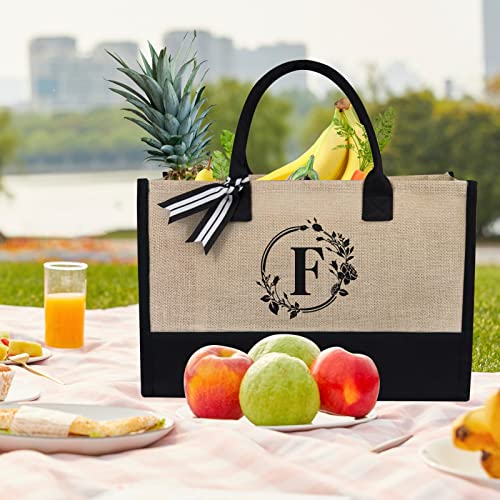 TOPDesign Initial Jute/Canvas Tote Bag, Personalized Present Bag, Suitable for Wedding, Birthday, Beach, Holiday, is a Great Gift for Women, Mom, Teachers, Friends, Bridesmaids (Letter F) - Image 3