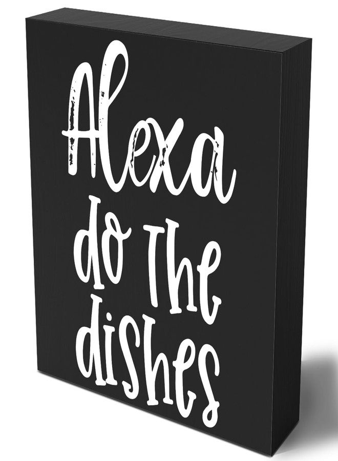 Woght Funny Kitchen Wooden Box Sign Plaque Alexa Do the Dishes Black Wood Box Sign Rustic Art Home Kitchen Shelf Desk Decor 6 x 6 x 1 Inches - Image 1