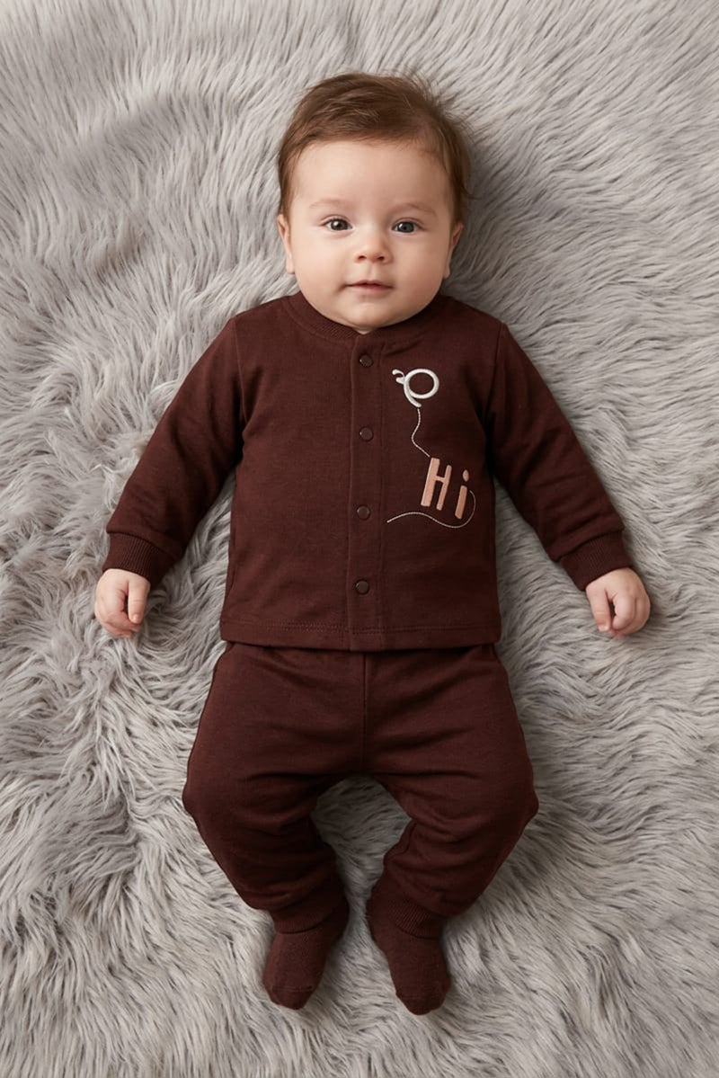 POPEES Toddlers Boy 2 Pcs Embroidered Top And Pants Set, Dark Brown - Image 1
