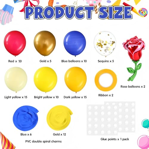 Suncalla 91 Pcs Yellow Blue Gold Birthday Party Decoration Balloons Set Gold Confetti and Red Rose Foil Balloons Hanging Swirls for Women Girls Wedding Engagement Birthday Princess Party Supplies - Image 5
