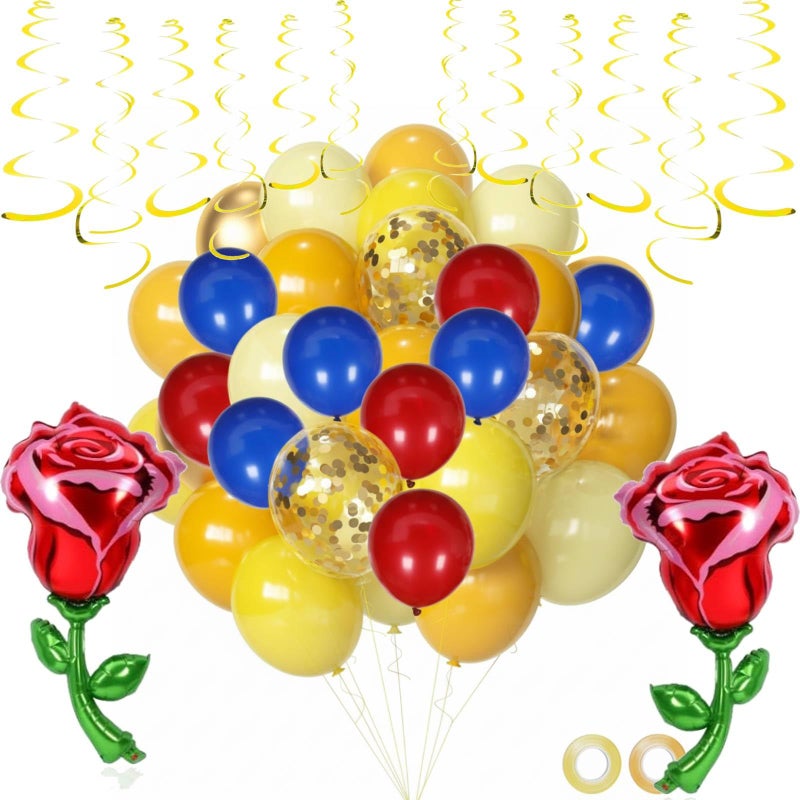 Suncalla 91 Pcs Yellow Blue Gold Birthday Party Decoration Balloons Set Gold Confetti and Red Rose Foil Balloons Hanging Swirls for Women Girls Wedding Engagement Birthday Princess Party Supplies - Image 3