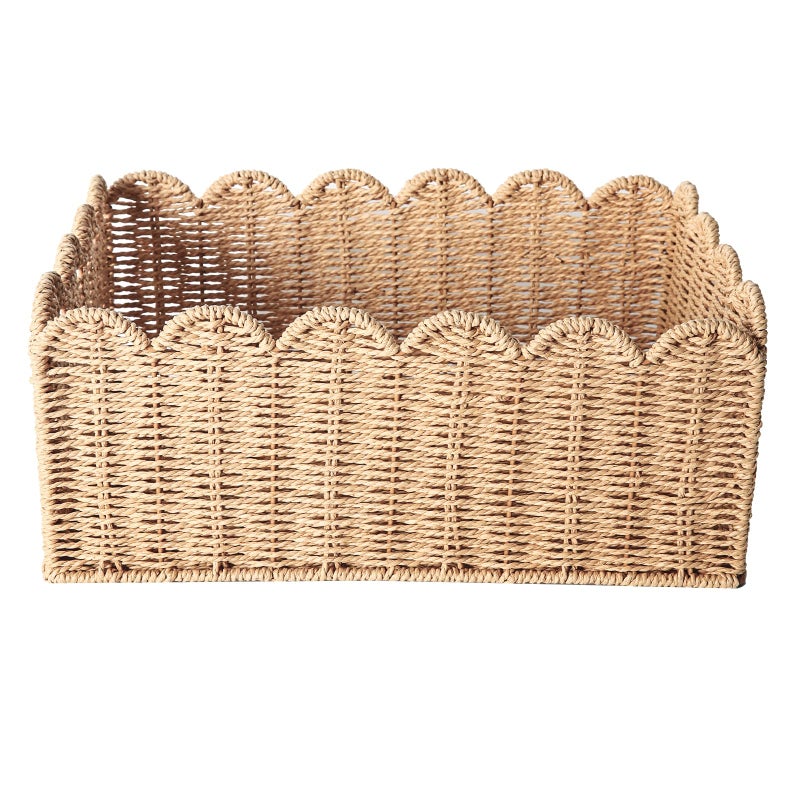 Quincry Scalloped Edge Basket  Wicker Storage Baskets  Hand Woven Baskets For Shelves Natural Baskets For Organizing (M-14"" L X 10.5"" W X 6"" H) - Image 3