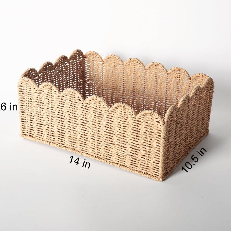 Quincry Scalloped Edge Basket  Wicker Storage Baskets  Hand Woven Baskets For Shelves Natural Baskets For Organizing (M-14"" L X 10.5"" W X 6"" H) - Image 2