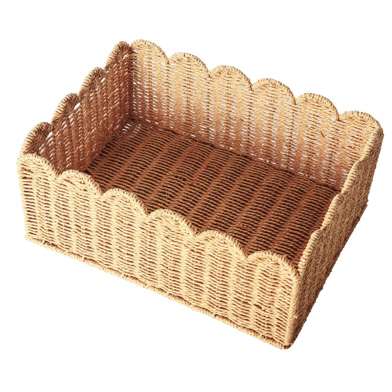 Quincry Scalloped Edge Basket  Wicker Storage Baskets  Hand Woven Baskets For Shelves Natural Baskets For Organizing (M-14"" L X 10.5"" W X 6"" H) - Image 1