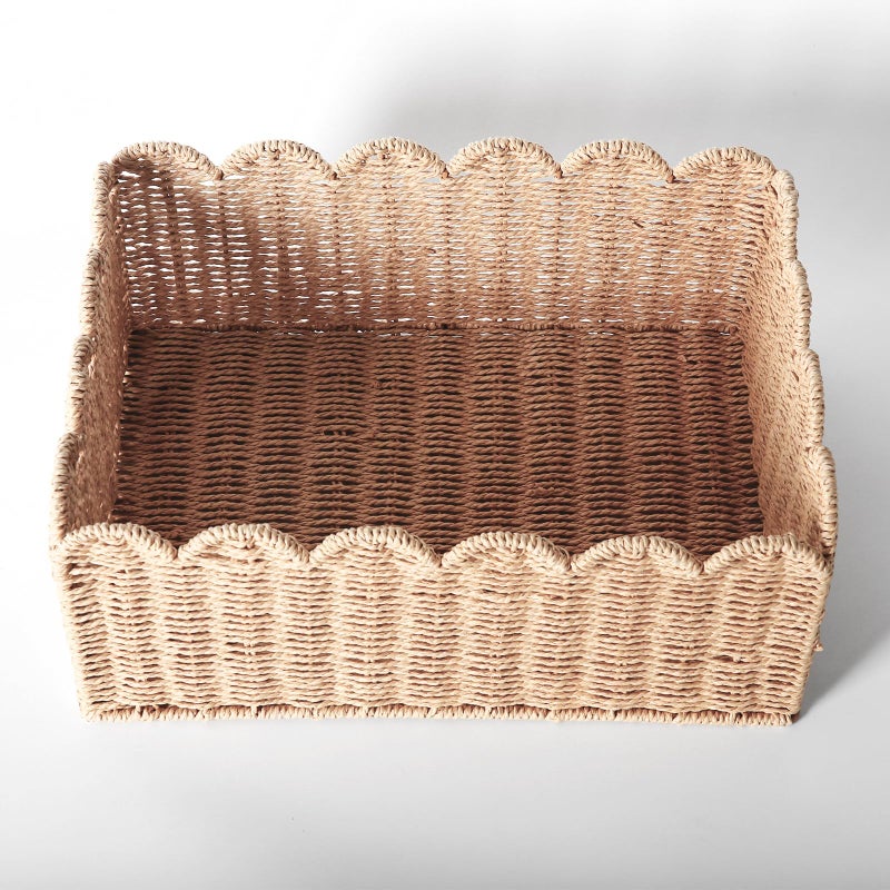 Quincry Scalloped Edge Basket  Wicker Storage Baskets  Hand Woven Baskets For Shelves Natural Baskets For Organizing (M-14"" L X 10.5"" W X 6"" H) - Image 4