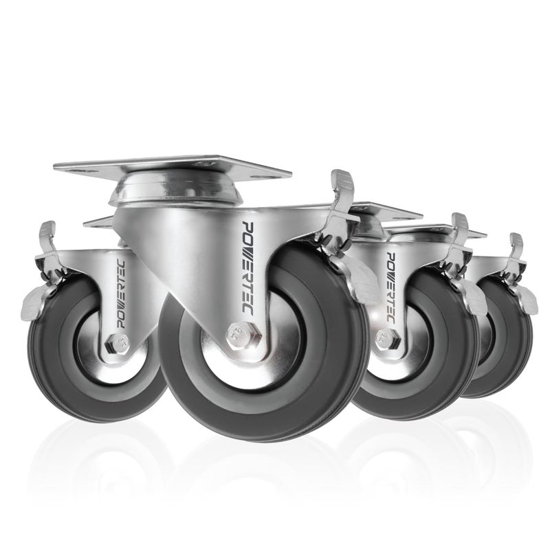 POWERTEC 3 Inch Swivel Caster Wheels Set of 4 with Brake 640 lbs Loads Heavy Duty Plate Casters Dual Locking Rubber Castor Wheels for Furniture Cart Dolly and Workbenches 17023P4V