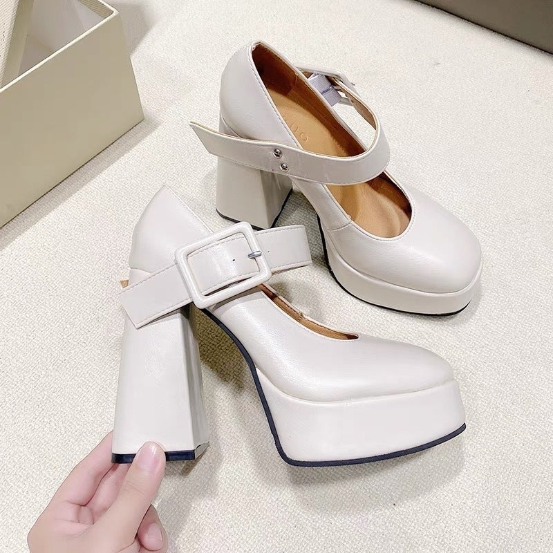 12Cm High Heels Wedding Shoes For The Bride, Platform Thick-Soled Chunky Heels, Height-Increasing Mary Jane Shoes - Image 4