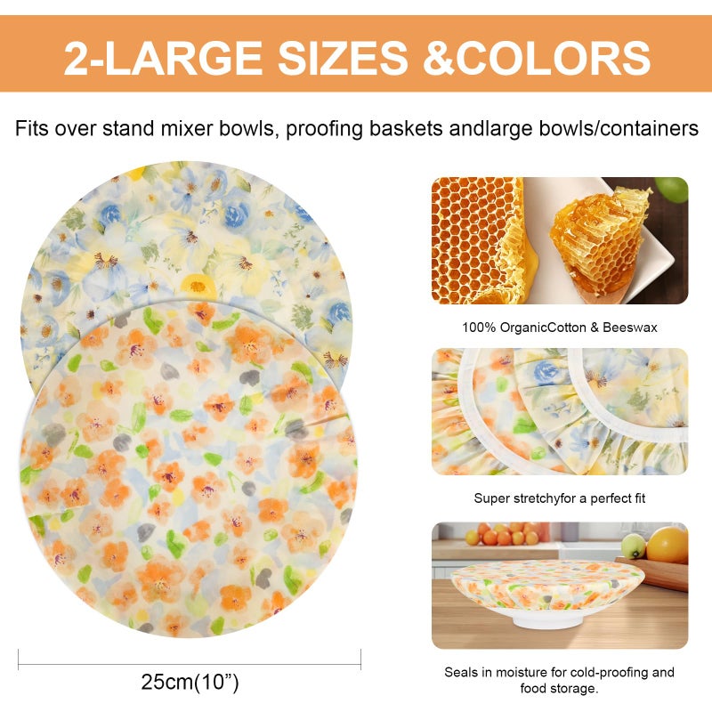 BERBAM Reusable Bowl Covers for Bread Proofingï¼ˆ2 Largeï¼‰- Cotton Beeswax Bowl Covers Reusable with Elastic Rim, Sourdough Bowl Cover for Food Storage and Food Preservation (10INCH) - Image 2