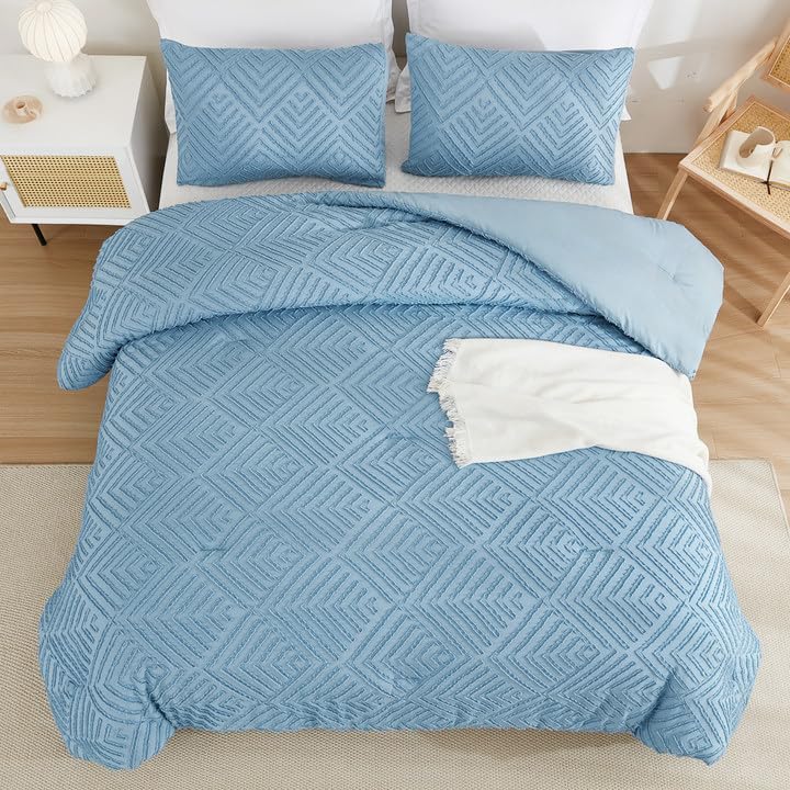 Andency Grayish Blue Comforter Set Queen Size  Lightweight Fluffy Bedding Comforter Sets for Queen Bed  3 Pieces Tufted Farmhouse Bed Set for All Seasons (1 Comforter 90x90In  2 Pillowcases) - Image 5