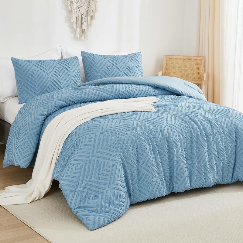Andency Grayish Blue Comforter Set Queen Size  Lightweight Fluffy Bedding Comforter Sets for Queen Bed  3 Pieces Tufted Farmhouse Bed Set for All Seasons (1 Comforter 90x90In  2 Pillowcases) - Image 2