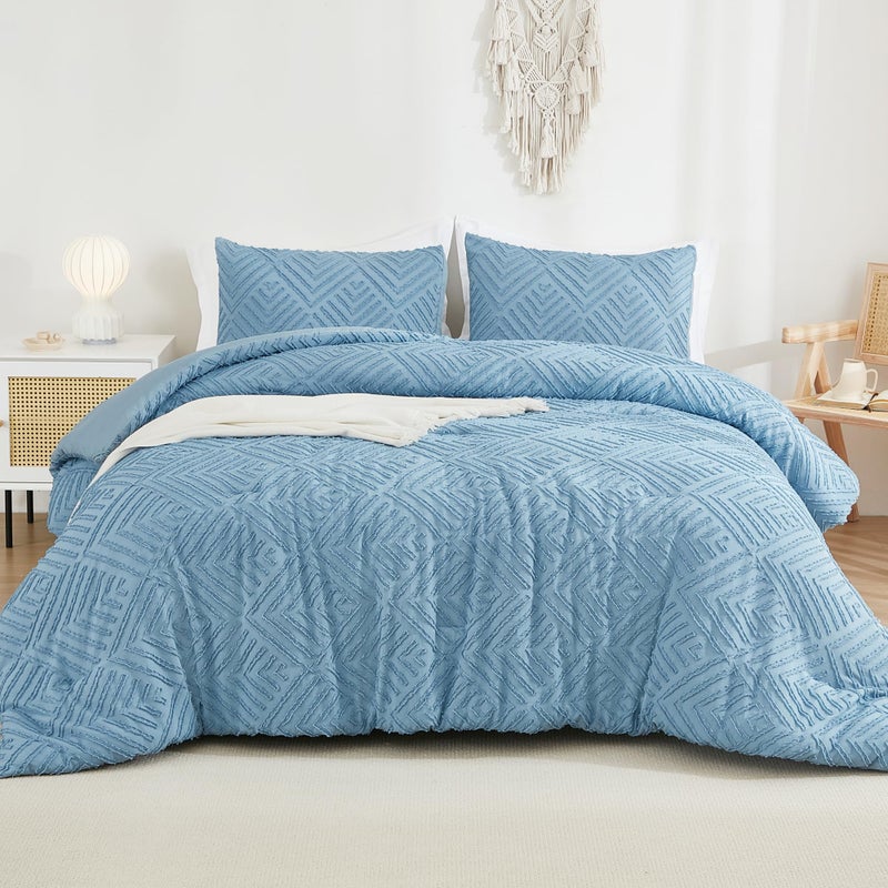 Andency Grayish Blue Comforter Set Queen Size  Lightweight Fluffy Bedding Comforter Sets for Queen Bed  3 Pieces Tufted Farmhouse Bed Set for All Seasons (1 Comforter 90x90In  2 Pillowcases) - Image 1