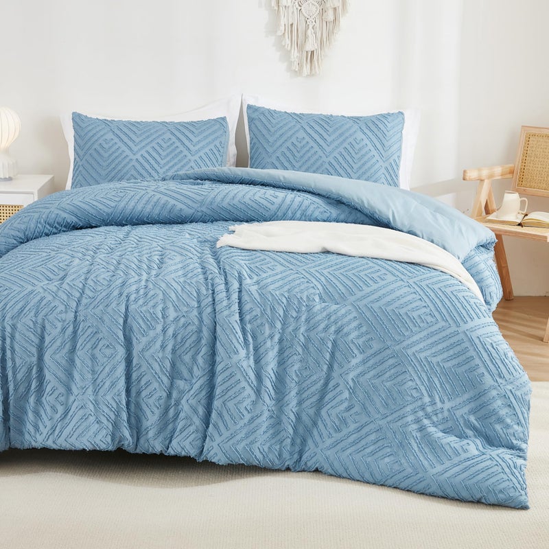 Andency Grayish Blue Comforter Set Queen Size  Lightweight Fluffy Bedding Comforter Sets for Queen Bed  3 Pieces Tufted Farmhouse Bed Set for All Seasons (1 Comforter 90x90In  2 Pillowcases) - Image 4