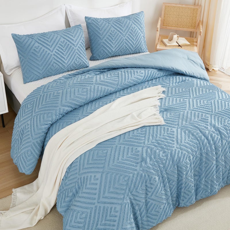 Andency Grayish Blue Comforter Set Queen Size  Lightweight Fluffy Bedding Comforter Sets for Queen Bed  3 Pieces Tufted Farmhouse Bed Set for All Seasons (1 Comforter 90x90In  2 Pillowcases) - Image 3